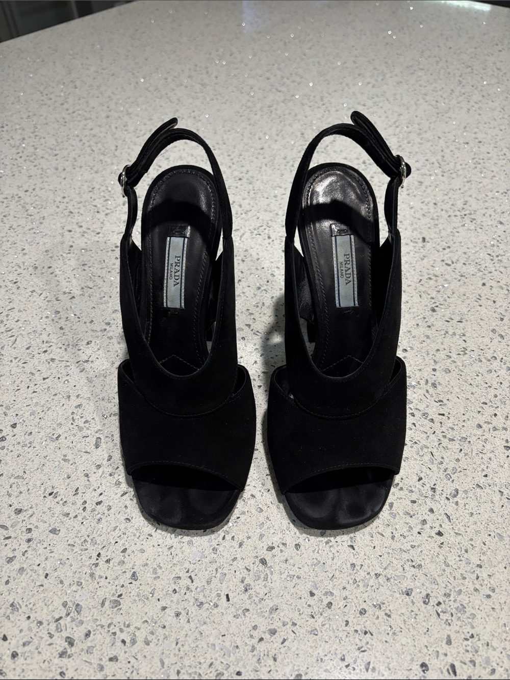 Prada Black Suede Open-Toe Slingback Heels